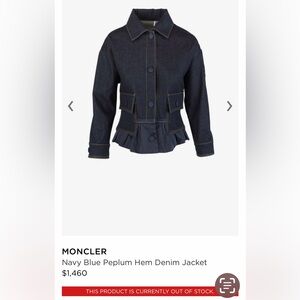 MONCLER
Navy Blue Peplum Hem Denim Jacket Size 3